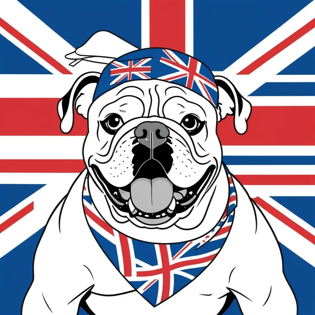 Prompt: B&W coloring book page a happy  English Bulldog, wearing a bandana that shows the Union Jack flag