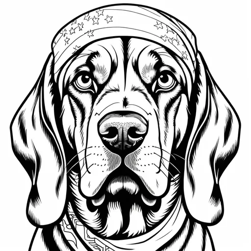 Prompt: B&W coloring book page, happy bloodhound with detailed fur and expressive eyes, wearing French tricolor flag bandana on his head high quality,coloring book style, monochrome, detailed fur, expressive eyes, 