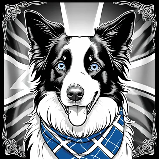 Prompt: B&W coloring book page, happy border collie  with detailed fur and expressive eyes, wearing the Scottish bandana which was blue with an x shaped white cross.  flag bandana on his head high quality,coloring book style, monochrome, detailed fur, expressive eyes, 