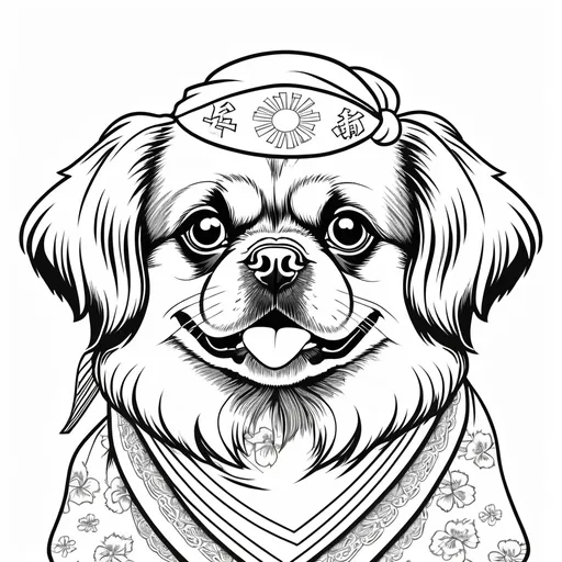Prompt: B&W coloring book page, happy Pekingese with detailed fur and expressive eyes, wearing Chinese flag bandana, high quality,coloring book style, monochrome, detailed fur, expressive eyes, Irish Setter, bandana with Irish flag, traditional, simple background