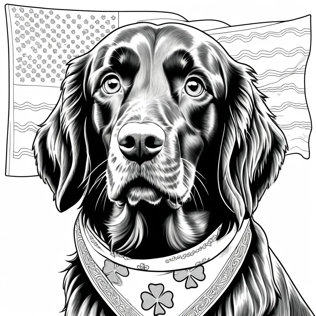 Prompt: B&W coloring book page, happy Irish Setter with detailed fur and expressive eyes, wearing Irish flag bandana, high quality, detailed design, coloring book style, monochrome, detailed fur, expressive eyes, Irish Setter, bandana with Irish flag, traditional, simple background