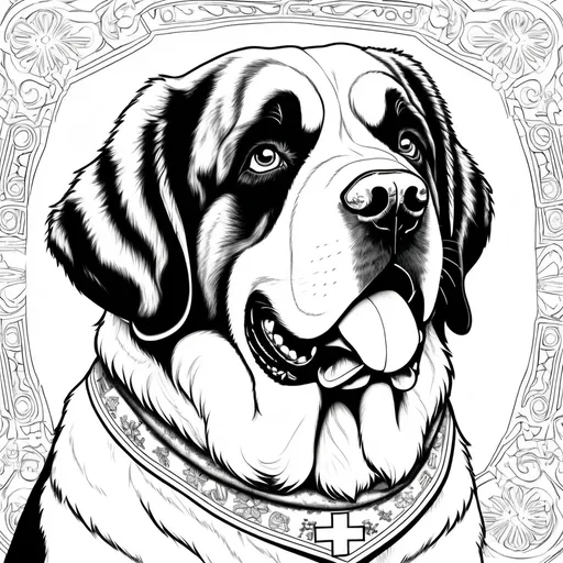 Prompt: B&W coloring book page, happy Saint Bernard with detailed fur and expressive eyes, wearing Swiss flag bandana, high quality,coloring book style, monochrome, detailed fur, expressive eyes, 