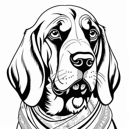 Prompt: B&W coloring book page, happy bloodhound with detailed fur and expressive eyes, wearing French flag bandana, high quality,coloring book style, monochrome, detailed fur, expressive eyes, 