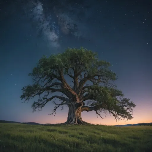 Prompt: An old tree alone in a grassy field at dusk with stars in the night sky