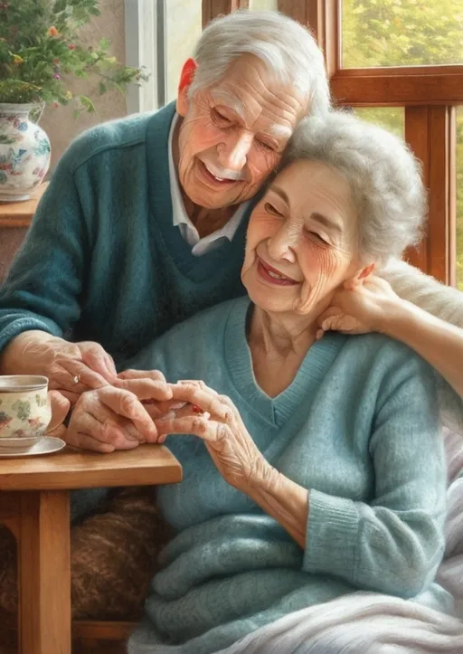 Prompt: Two old married couples celebrating wife’s birthday, traditional painting, cozy home interior, warm and inviting atmosphere, realistic portrait, soft pastel colors, gentle lighting, detailed wrinkles and expressions, heartwarming, loving relationships, high quality, traditional painting, detailed faces, cozy atmosphere, heartwarming, soft pastels, gentle lighting