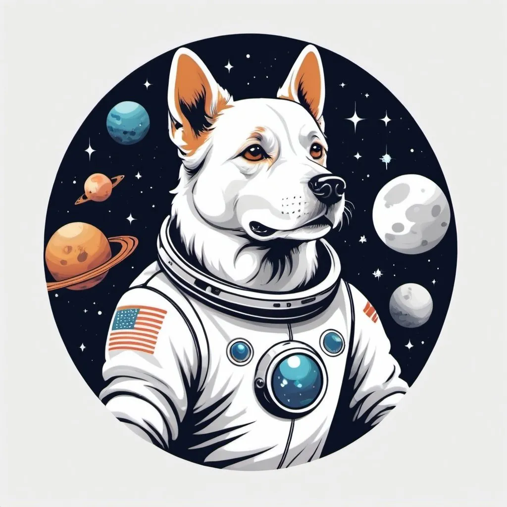 Prompt: Illustrated T-shirt design of space dog in space, vector, solid white background, simple color palette