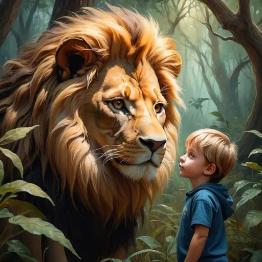 Prompt: Little boy befriending lion in mystical forest, oil painting, detailed foliage, 4k, realistic, mystical, warm tones, soft lighting, detailed lion's face, expressive eyes, fantasy, magical, heartwarming, adventurous, enchanting atmosphere, friendship bond, traditional art style, magical realism
