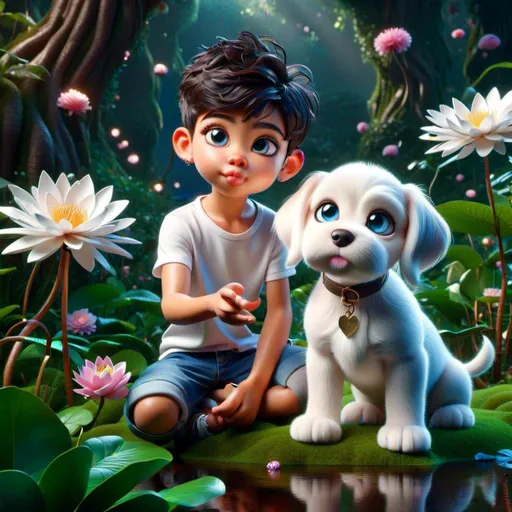 Prompt: <mymodel>Hyper-realistic 3D rendering of a little boy and his white puppy in a magical forest, big blue eyes, lush greenery, detailed fur, cinematic quality, highly realistic, enchanting, whimsical lighting, fantasy, detailed features, captivating, highres, ultra-detailed, adorable, magical atmosphere, forest scenery, 3D rendering, cute puppy
