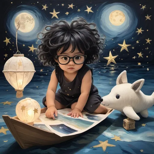 Prompt: A dreamy, painterly fantasy oil painting of a toddler girl with crazy messy black hair and black glasses, navigating a paper boat across a carpet that has turned into an ocean under a starry night sky, accompanied by her plush animal crew. The room glows with soft light from lanterns shaped like moons and stars, with oil paint splatters, intuitive muted colors, and soft brush strokes adding to the magical ambiance. Oceanic voyage, plush crewmates, imaginative sea, celestial glow, magical room transformation.