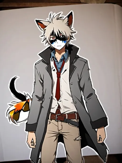 Prompt: Create a young anime boy who has scruffy hair and a half broken fox mask that covers one eye. he has a long open tattered coat that fits loosly on his body and a worn out shirt underneath it. he has a belt around his weist and worn down pants with some stitch marks
