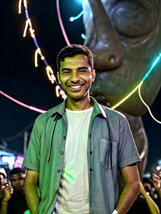 Prompt: a man standing in front of a sculpture of wires and wires with a smile on his face and a crowd of people in the background, Abidin Dino, hurufiyya, light effect, a picture