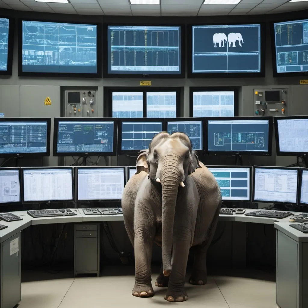 Prompt: A elephant sitting in a control room of a power plant with many computer screens in the background showing the SCADA system of the system operator