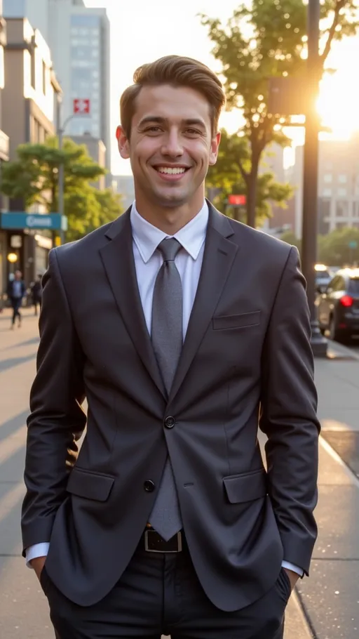 Prompt: Muscline guy, 35 years old, smile, handsome, business attire, very professional, morning sunshine, vibrant street in Seattle