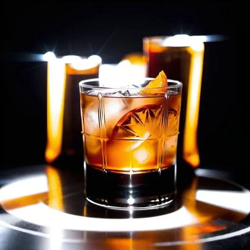 Prompt: A strong protective cocktail like the Iron Dome.    2 oz Whiskey, 1/2 oz Dry Vermouth, 1/4 oz Triple Sec, 1 dash Angostura Bitters, Orange twist for garnish.  In Old Fashioned Glass.  refined sophisticated setting, minimalist, professional photography, back lighting, winner photoawards, Using a Fujifilm X-T4 and a 56mm f/1.2 lens, top front — v 6.0 — style raw — s 200 — ar 4:3