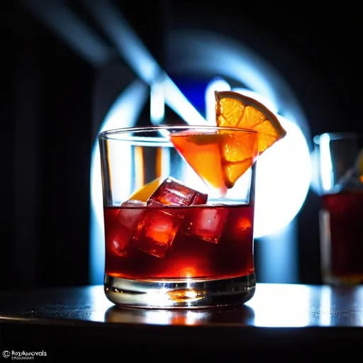 Prompt: Old Fashioned Glass coctail.  2 oz Dark Rum, 1/2 oz Campari, 1/2 oz Grenadine, 2 dashes Angostura Bitters, Orange twist for garnish.  I.  refined sophisticated setting, minimalist, professional photography, back lighting, winner photoawards, Using a Fujifilm X-T4 and a 56mm f/1.2 lens, top front — v 6.0 — style raw — s 200 — ar 4:3