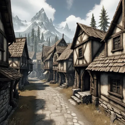 Prompt: Create a town from the medieval age. skyrim style