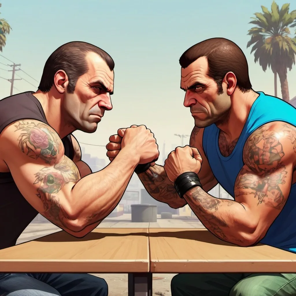 Prompt: crea imagen de dos personajes de GTA V ficticios haciendo 
arm wrestling