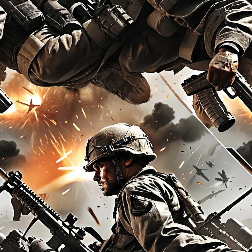 Prompt: (Poster design) Action-packed (Call of Duty themed), dynamic battlefield scene, highly detailed character silhouettes, explosive visual elements, muted colors with splashes of orange and gray, intense atmosphere, dramatic lighting effects, ultra-detailed, cinematic quality, featuring war-torn backgrounds and rugged military gear, evoking adrenaline and excitement, immersive depth.