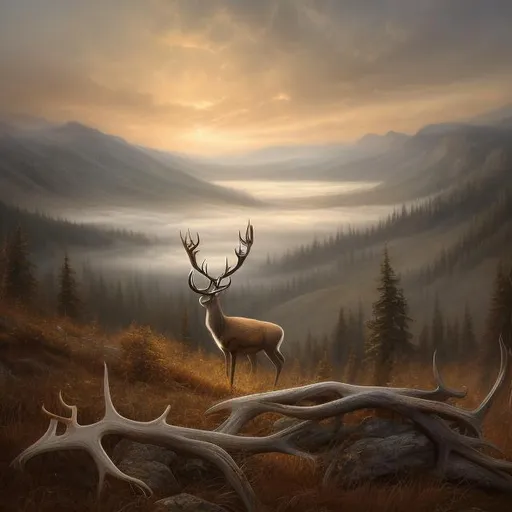 Prompt: Deer overlooking Montana valley, misty atmosphere, realistic oil painting, detailed fur and antlers, foggy setting, high quality, realistic, misty, oil painting, detailed fur and antlers, serene atmosphere, nature, majestic, atmospheric lighting, mountain landscape, misty valley