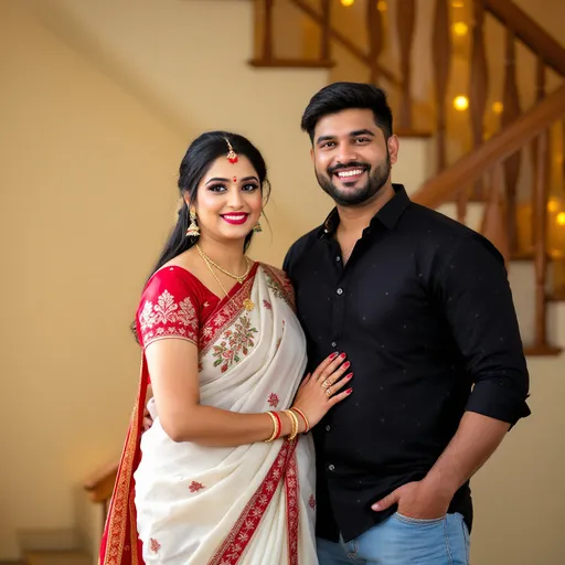 Prompt: In a warmly lit indoor setting, a couple poses against a soft, muted backdrop, capturing a moment of joyful togetherness. The woman, adorned in a beautifully detailed white and red saree, stands to the left, her expression serene and confident, while her intricate jewelry and bindi enhance her elegant look. Beside her, the man beams with a charming smile, dressed in a stylish black shirt with geometric patterns and light blue jeans, epitomizing contemporary fashion. The scene is framed by an elegant staircase in the background, hinting at a domestic space filled with warmth and intimacy, evoking a sense of celebration and affection between the two. Bright, natural light adds to the cheerful ambiance, highlighting the happiness shared in this intimate moment.