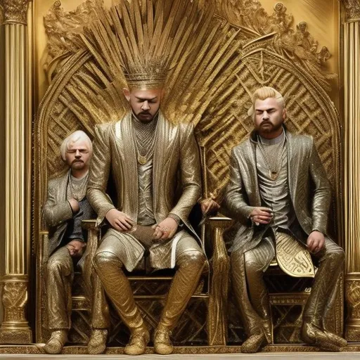 Prompt: Blonde king gold in sliver is sitting on the gold in sliver throne with 3 son prince