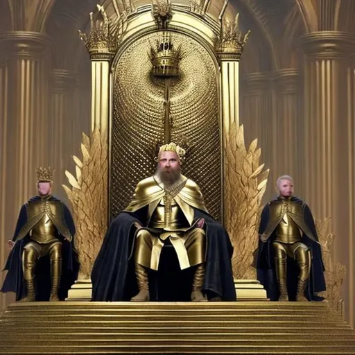 Prompt: Blonde king is sitting on the gold in sliver throne with 3 son prince only the king have a crown in sitting 