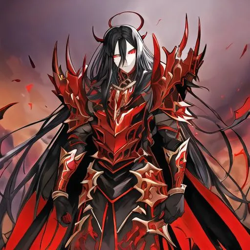 Prompt: A tall demon king with black hair looking out on a battlefield (blood red eyes) (red and gold armor) (black demon mask)