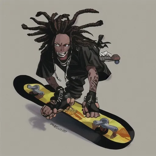 Prompt: I need a black rapper with black dreads  on a skateboard with only 4 wheels