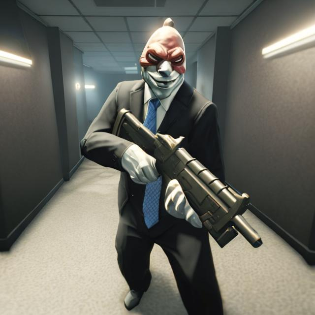 Prompt: Hoxton from Payday 2 robbing a bank