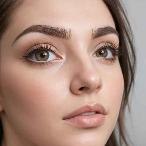 Prompt: un gros plan d'un œil féminin, extensions de cils brunes naturelles et soyeuses, effet volume discret, iris marron clair, sourcils fournis, peau parfaite, maquillage léger, fond flou beige clair, lumière naturelle douce, angle légèrement en plongée, ambiance chaleureuse et intimiste, style photographique réaliste, haute résolution, 16:9, --seed 42