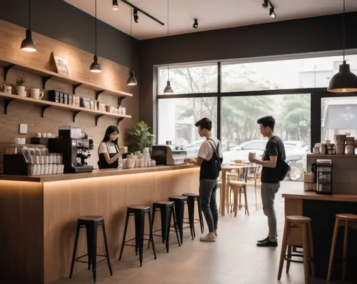 Prompt: the atmosphere of a coffee shop with a minimalist style, in the afternoon, you can see a young couple chatting while enjoying a cup of coffee, the barista is busy serving customers