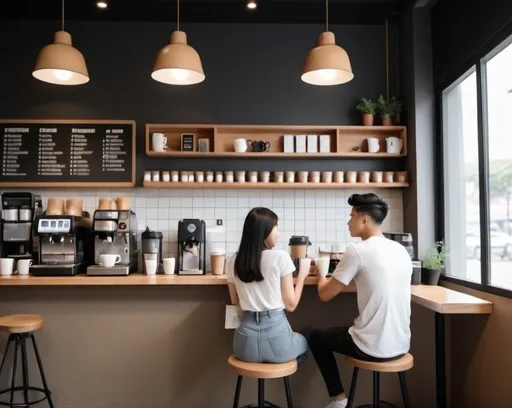 Prompt: the atmosphere of a coffee shop with a minimalist style, in the afternoon, you can see a young couple chatting while enjoying a cup of coffee, the barista is busy serving customers