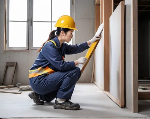 Prompt: a Korean woman named Fai, around 40 years old, ponytailed, wearing construction work clothes with safety shoes, is inspecting interior work, full body photo, realistic photo