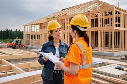 Prompt: a woman around 40 years old, wearing field work clothes, is inspecting a residential home construction work together with an assistant, realistic photo