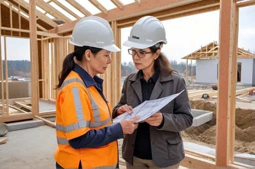 Prompt: a woman around 40 years old, wearing field work clothes, is inspecting a residential home construction work together with an assistant, realistic photo