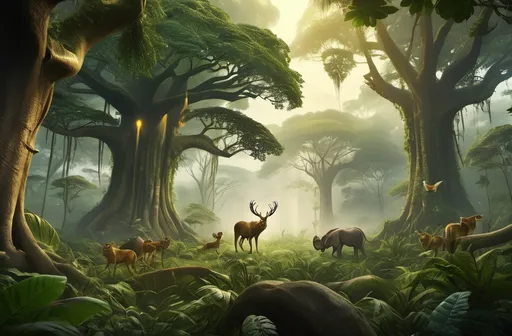 Prompt: "A vast and dense forest with towering ancient trees, thick green foliage, and a mystical golden glow filtering through the canopy. Birds chirp in the distance, and a misty atmosphere adds to the mysterious charm. Various animals like deer, elephants, monkeys, and a lion can be seen in the background, creating a lively jungle environment. The scene is ultra-HD, cinematic, and full of vibrant colors with realistic lighting."
