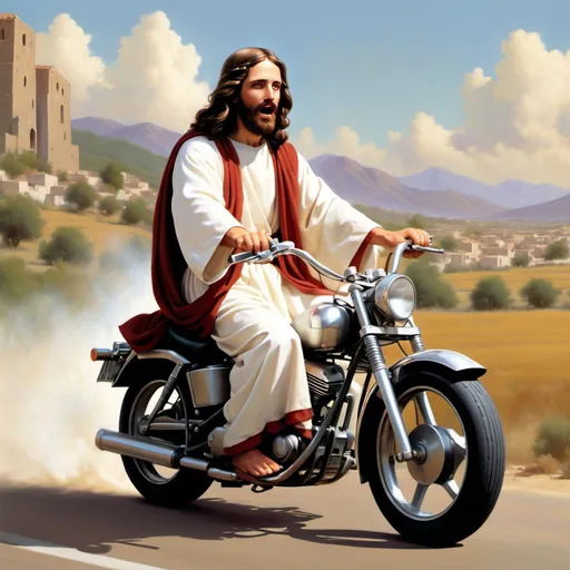 Prompt: Jesus riding a motor bike