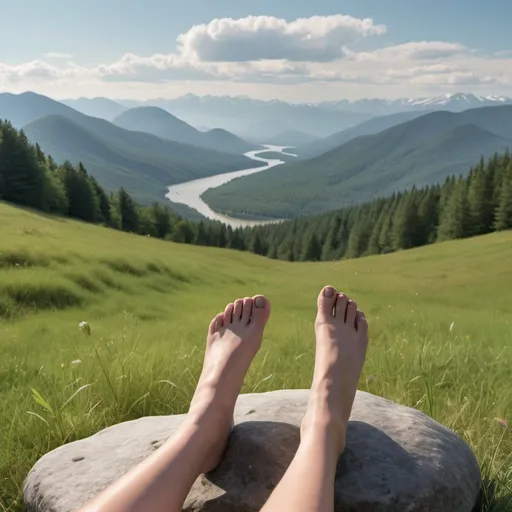 Prompt: a person's feet resting on a rock in the grass with mountains in the background and a forest in the foreground, Ada Hill Walker, land art, panoramic, a matte painting