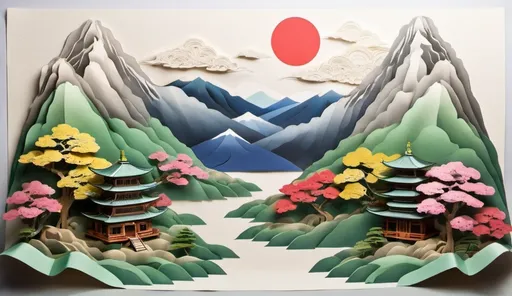 Prompt: japanese traditional paper paper landscape art print japan modern traditional paper print paper print, japan modern traditional paper print, modern japan paper print, in the style of paper sculptures, himalayan art, realistic yet imaginative, travel, 3d, eye-catching composition, mountainous vistas