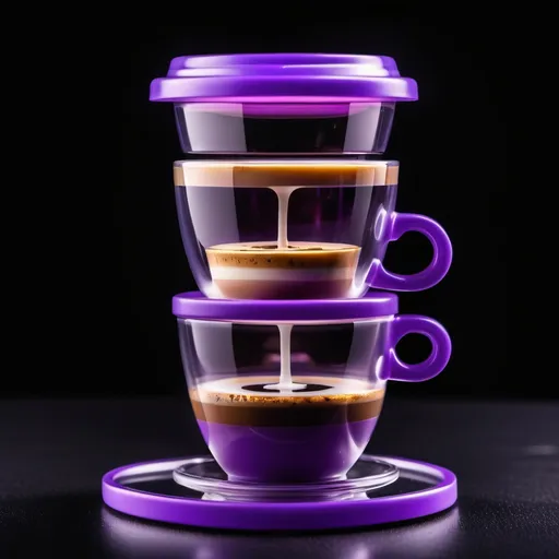 Prompt: a miniature creative coffee shaped multi stored cafe, isolated, black background, purple ambience, vibrant color, high quality finishing work, glass effect