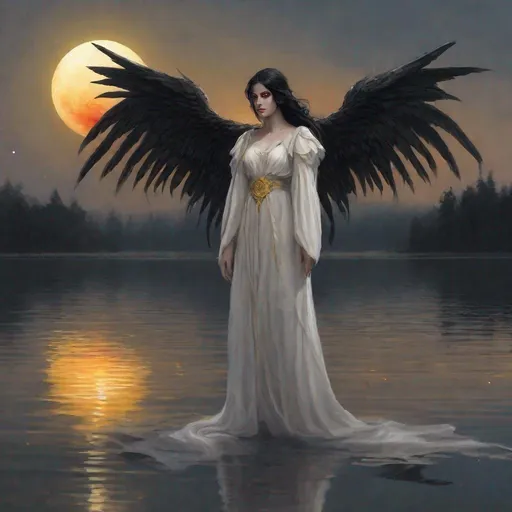 Prompt: female Angel in her 30s, dark hair, yellow eyes, black wings, standing near lake, small red moon