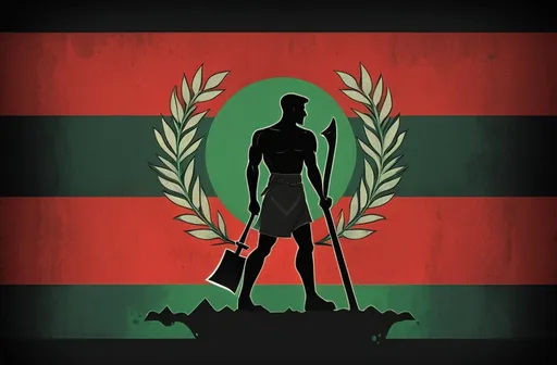 Prompt: a flag with a Black silhouette of a man with an axe in both hands on it and a laurel around it on a red, black, and green background, Daryush Shokof, berlin secession, dieselpunk, concept art