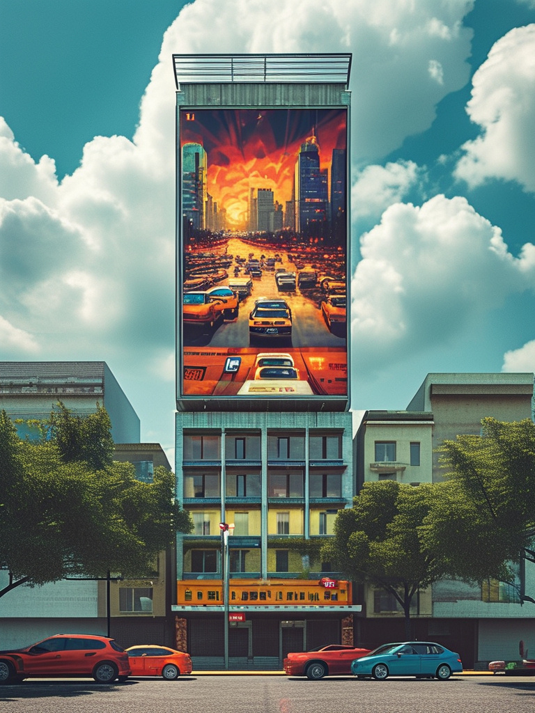 Prompt: a building with a large advertisement on it's side in a city area with cars parked in front of it, Ding Yunpeng, samikshavad, adobe photoshop, a photocopy