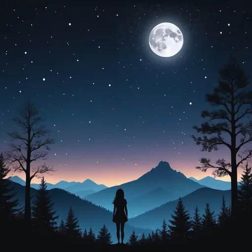 Prompt: Night sky with stars, moon, trees, and mountain. Include the silhouette of a girl looking into the distance.