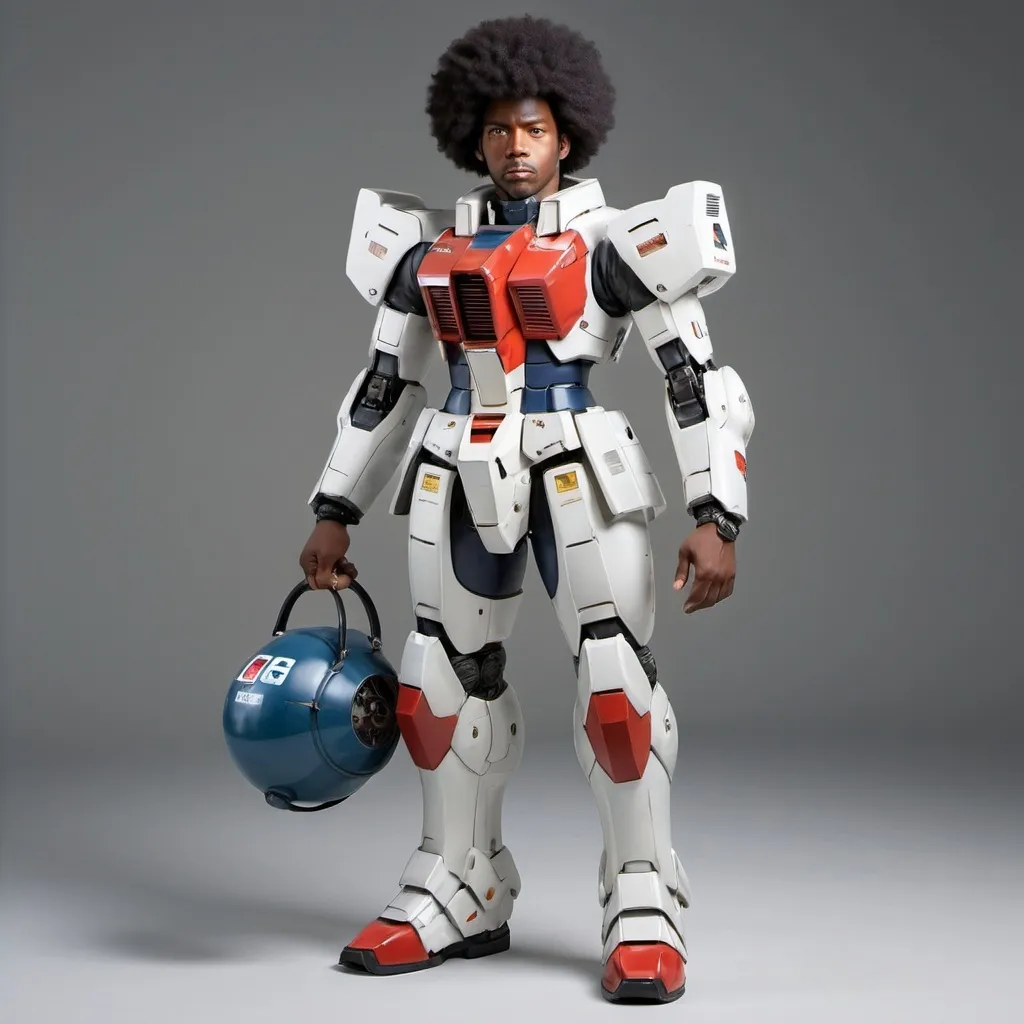 Prompt: Full body hyperrealistic portrait of a handsome African American man his is one a Gundam.  he is holding the helmet.  show feet. show his face. afro hair. holding KEG-46R Yamato Rebuild gunn.  