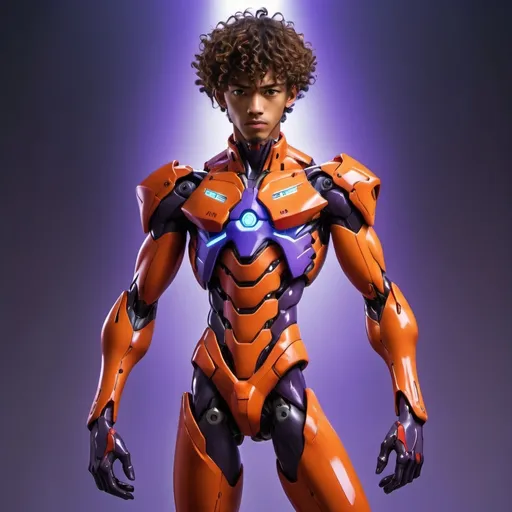 Prompt: hyperrealistic. full body.  handsome man, African American, showcasing (curly hair), detailed facial features, (neon colors), vibrant lighting, standing in the dynamic pose of (neon genesis evangelion Evangelion Unit-04), ultra-detailed, dramatic atmosphere, futuristic background representing the mecha theme, high quality 4K resolution. Show Feet. 
