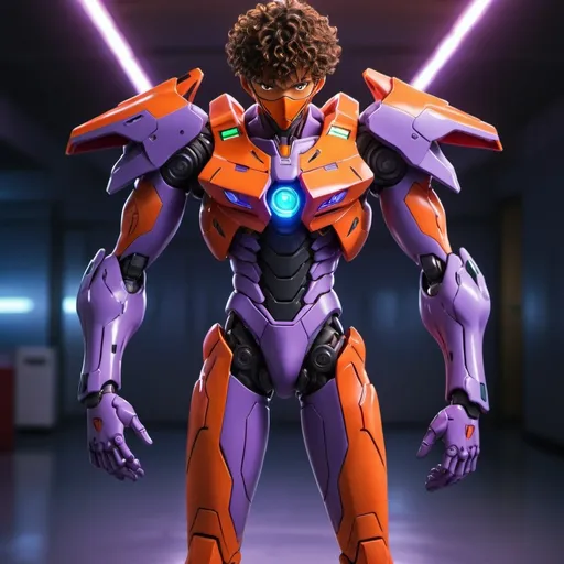 Prompt: hyperrealistic. full body.  handsome man, African American, showcasing (curly hair), detailed facial features, (neon colors), vibrant lighting, standing in the dynamic pose of (neon genesis evangelion Evangelion Unit-04), ultra-detailed, dramatic atmosphere, futuristic background representing the mecha theme, high quality 4K resolution. Show Feet. 
