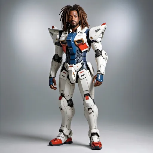 Prompt: Full body hyperrealistic portrait of a handsome African American man his is one a Gundam.  he is holding the helmet.  show feet. how man's face. he has dreadlocks for hair. 