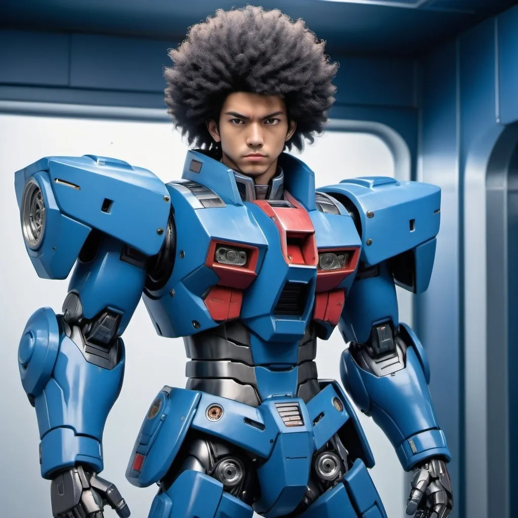 Prompt: Full body hyperrealistic portrait of a handsome African American man his is one a Gundam.  he is holding the helmet.  show feet. show his face. afro hair. holding KEG-46R Yamato Rebuild gunn.  Blue suite. h