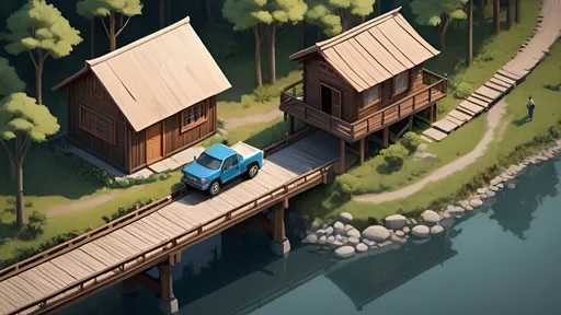 Prompt: a truck driving down a road next to a wooden house and a bridge with a small cabin on top, Ding Yunpeng, environmental art, isometric view, a digital rendering